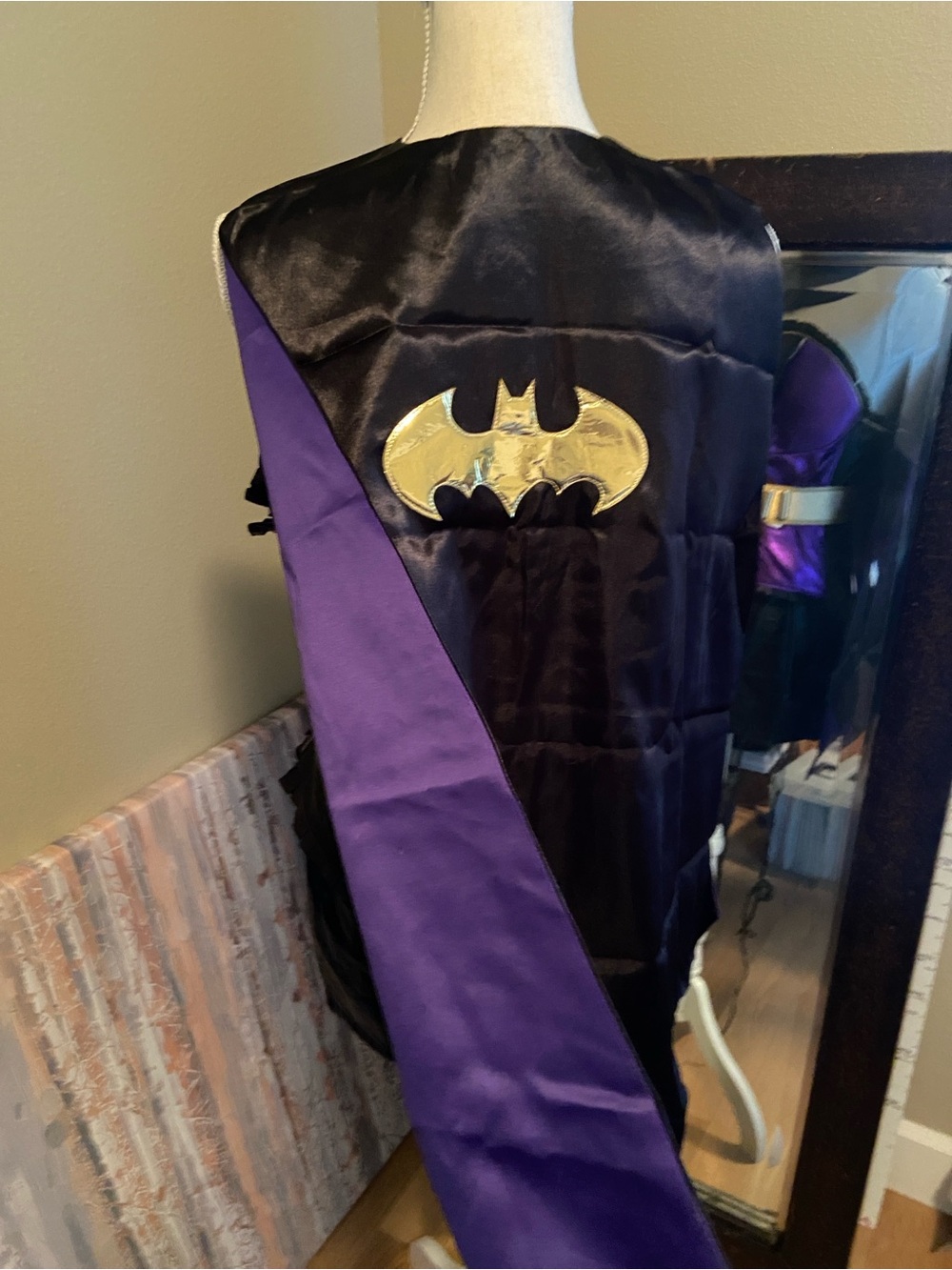 Batgirl Bat Woman Costume Pieces: Black Purple Cape, Mask, Gloves, Gold Belt